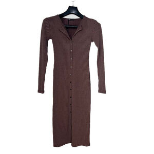 Zara Womens Midi Dress Chocolate Brown Long Sleeve Ribbed Knit Button Front